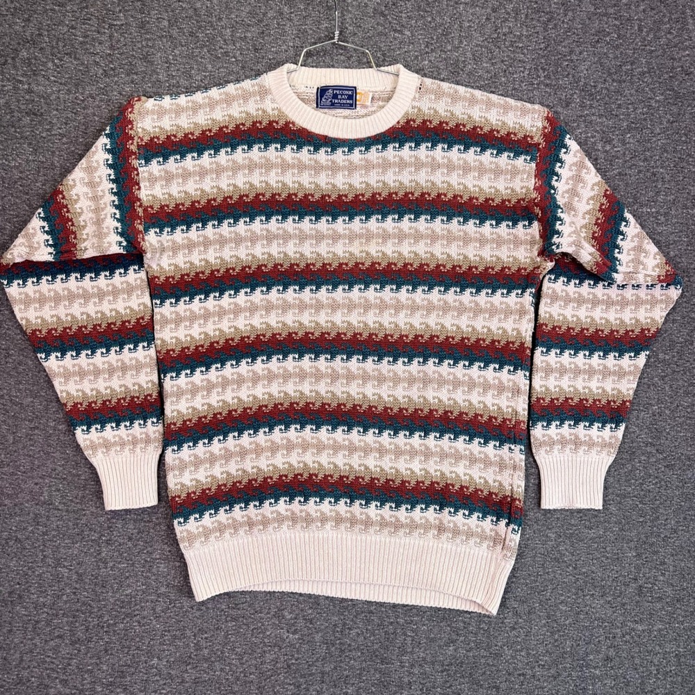 VTG Peconic Bay Traders Sweater Mens Large Crew Neck Striped Grandpa Earth Tones